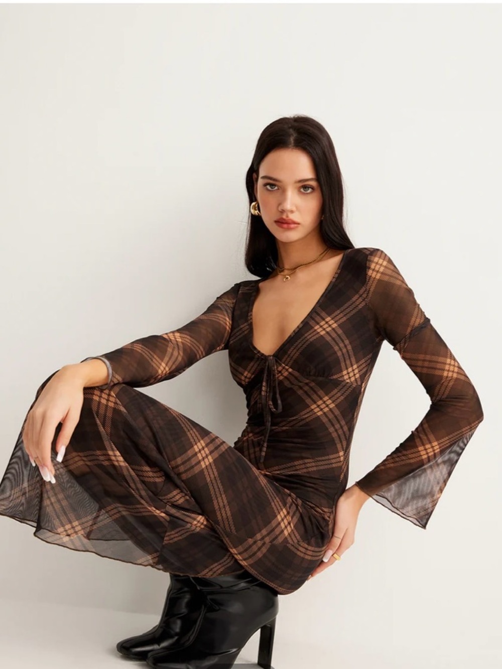 Commense Semi-Sheer Checked Bell-Sleeve Mesh Dress, size XS, NWT! - Picture 3 of 7